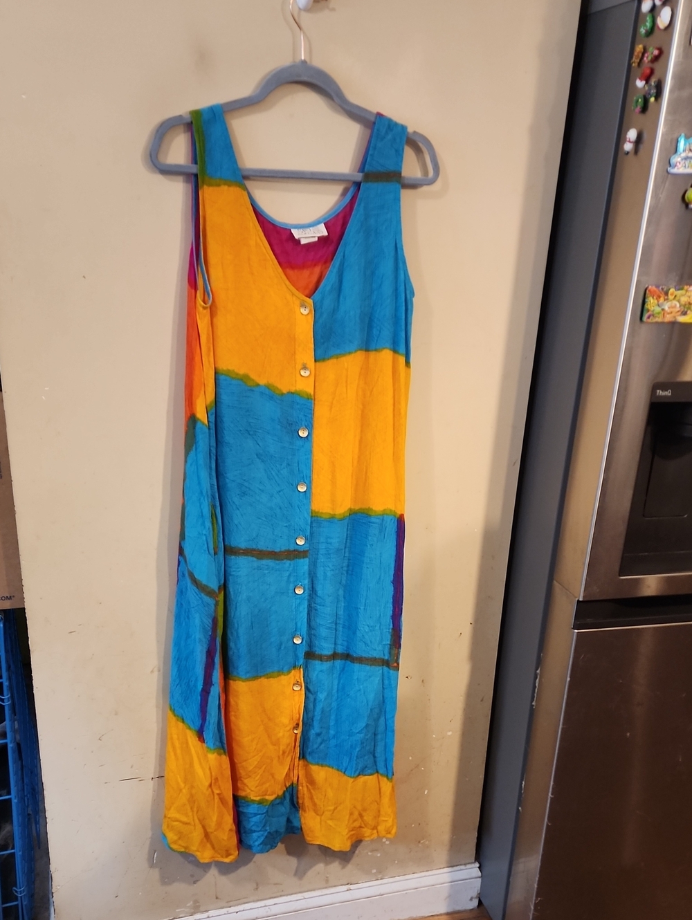 Sleeveless Colorblock Button-Front Maxi Dress in Turquoise & Mustard